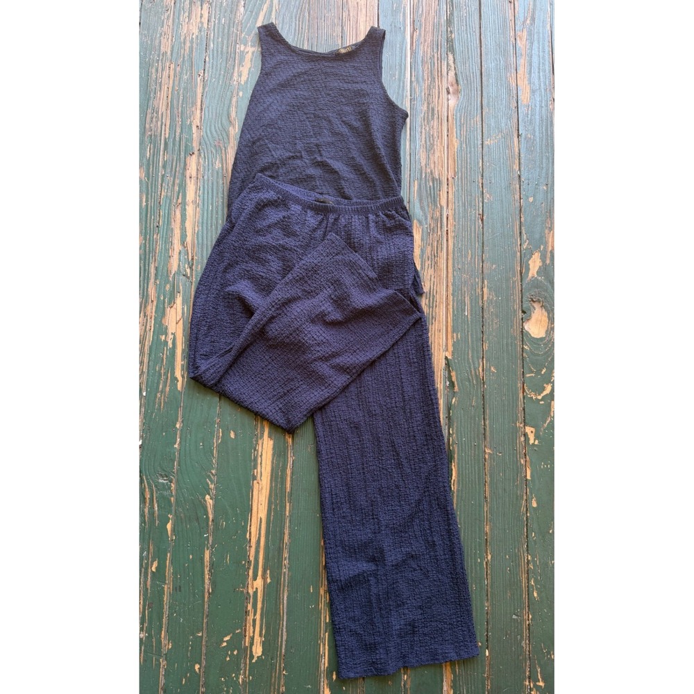 Truth See You Monday Navy Blue Popcorn Textured Tank and Wide Leg Pant Set L